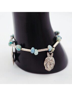 Native American Style Silver Tone Charm Bracelet Turquoise Beads Star Bird Face